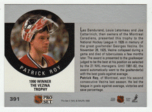 Load image into Gallery viewer, Vezina Trophy - Patrick Roy - Montreal Canadiens (NHL Hockey Card) 1990-91 Pro Set # 391 Mint