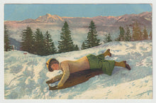 Load image into Gallery viewer, Winter Scene - Tobogganing in Switzerland - Art - Painting - Vintage Original Postcard # 1733 - New - 1950's