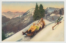 Load image into Gallery viewer, Tobogganing with the Family in Switzerland - Art - Painting - Vintage Original Postcard # 1734 - New - 1950's