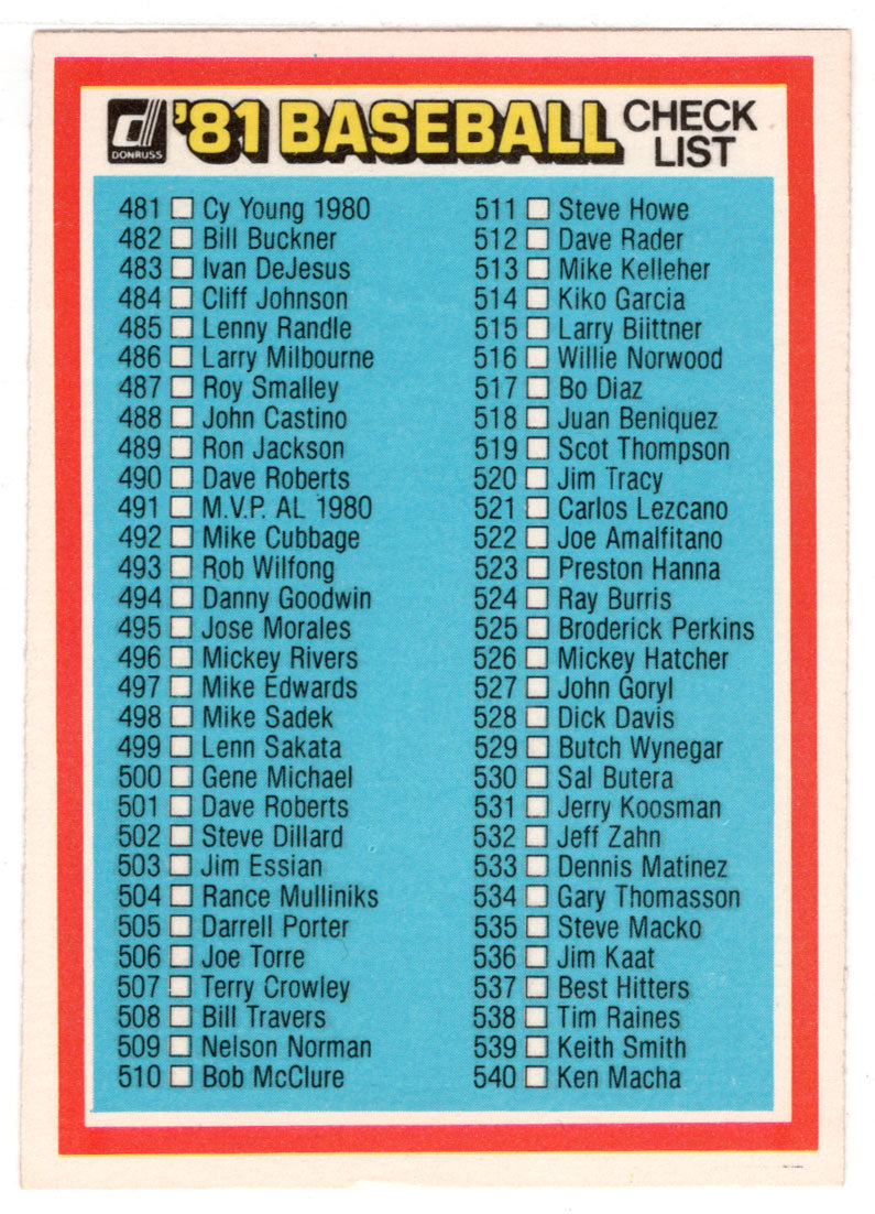 Checklist # 5 (MLB Baseball Card) 1981 Donruss # NNO NM/MT