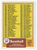Checklist # 251 - # 374 (MLB Baseball Card) 1981 O-Pee-Chee # 338 NM