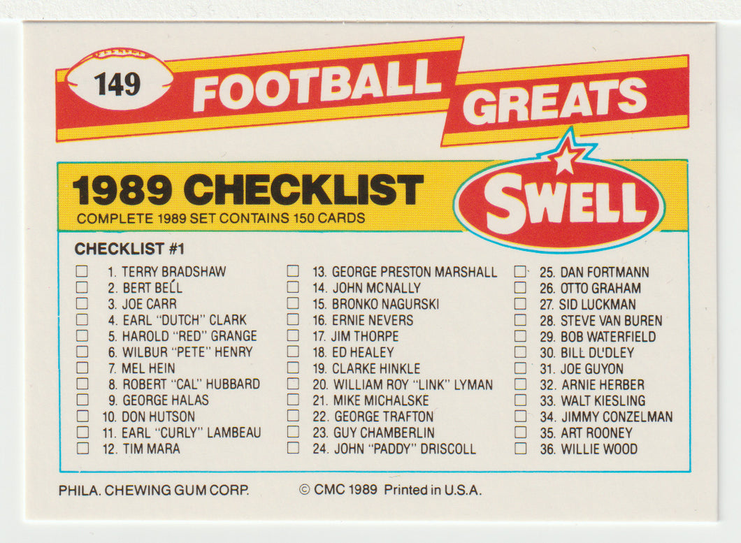 Checklist # 1 & # 2 (NFL Football Card) 1989 Swell Greats # 149 Mint