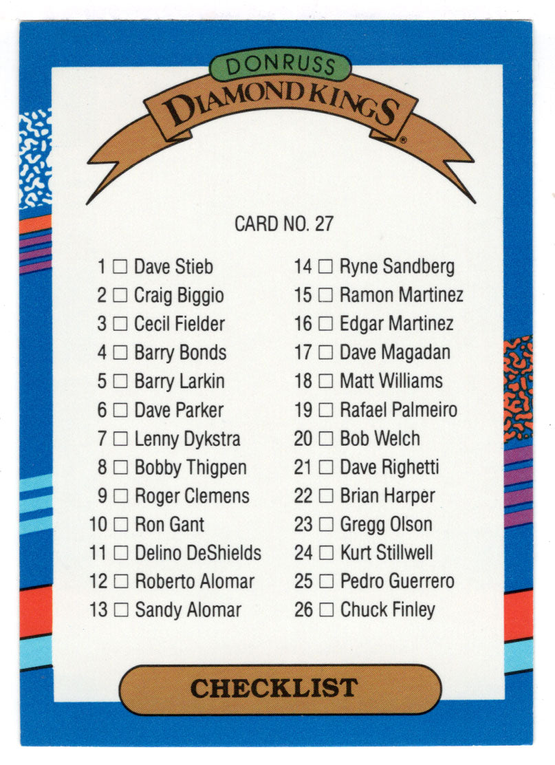 Checklist - Diamond Kings (MLB Baseball Card) 1991 Donruss # 27 Mint