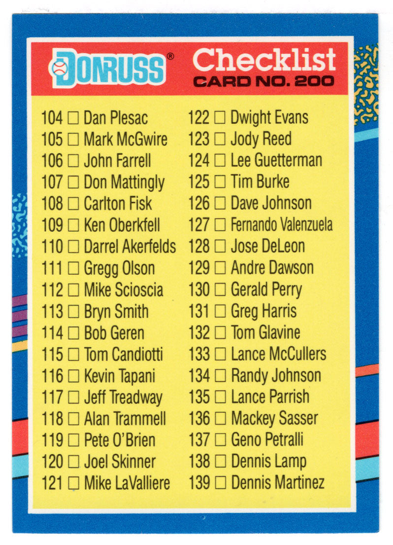 Checklist # 3 (# 104 - # 179) (MLB Baseball Card) 1991 Donruss # 200 Mint