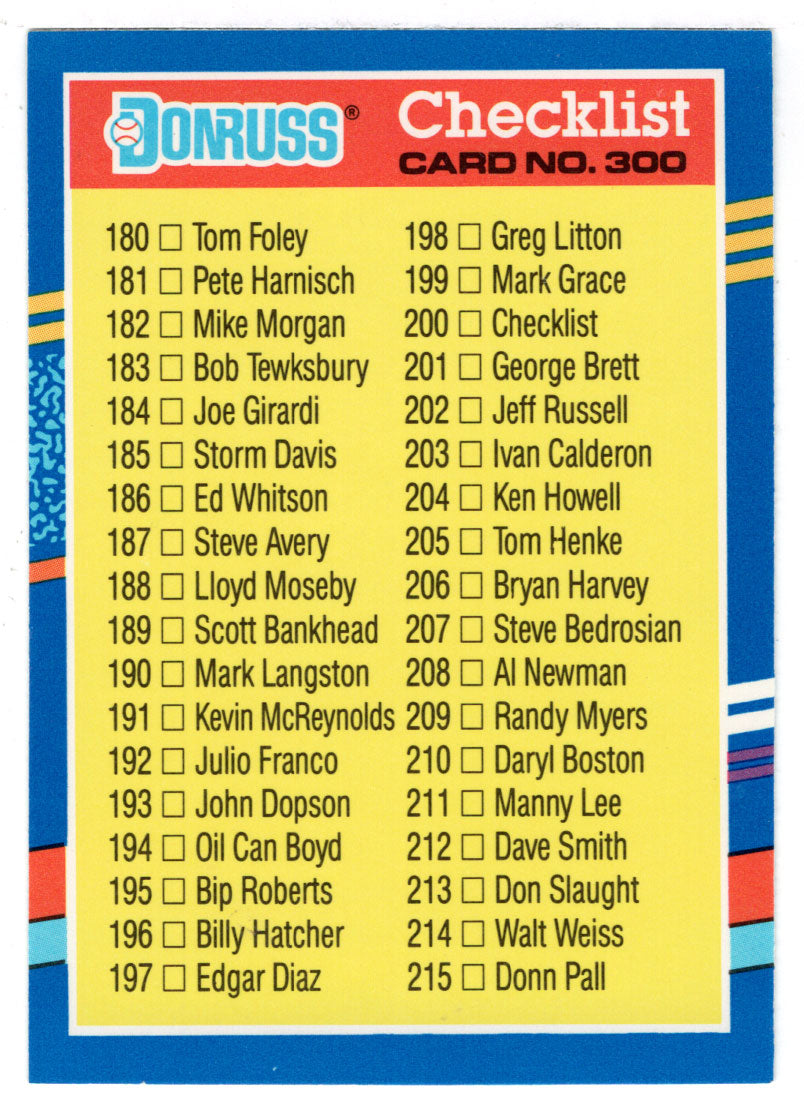 Checklist # 4 (# 180 - # 255) (MLB Baseball Card) 1991 Donruss # 300 Mint