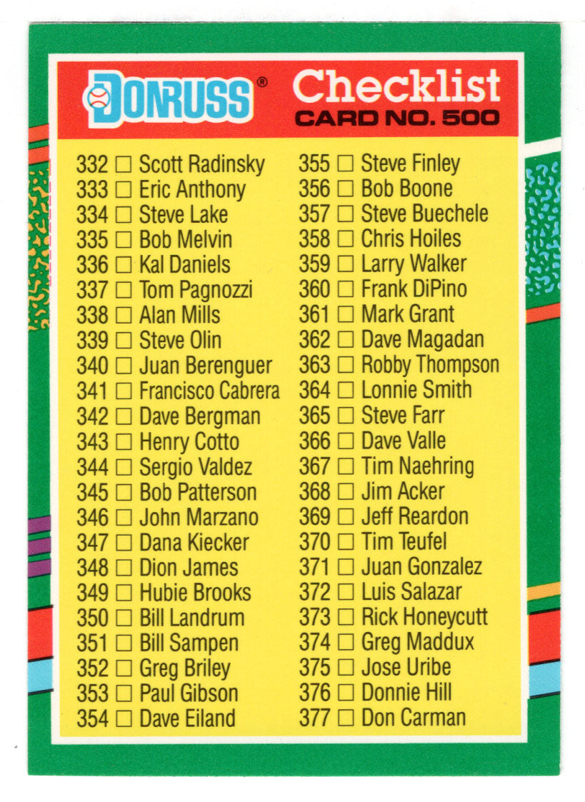 Checklist # 6 (# 332 - # 408) (MLB Baseball Card) 1991 Donruss # 500 Mint