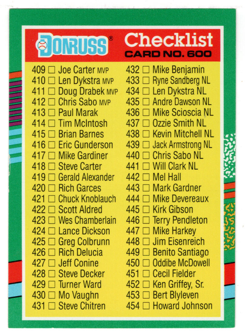 Checklist # 7 (# 409 - # 506) (MLB Baseball Card) 1991 Donruss # 600 Mint
