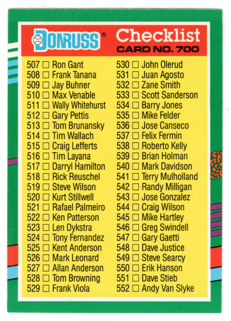 Checklist # 8 (# 507 - # 604) (MLB Baseball Card) 1991 Donruss # 700 Mint