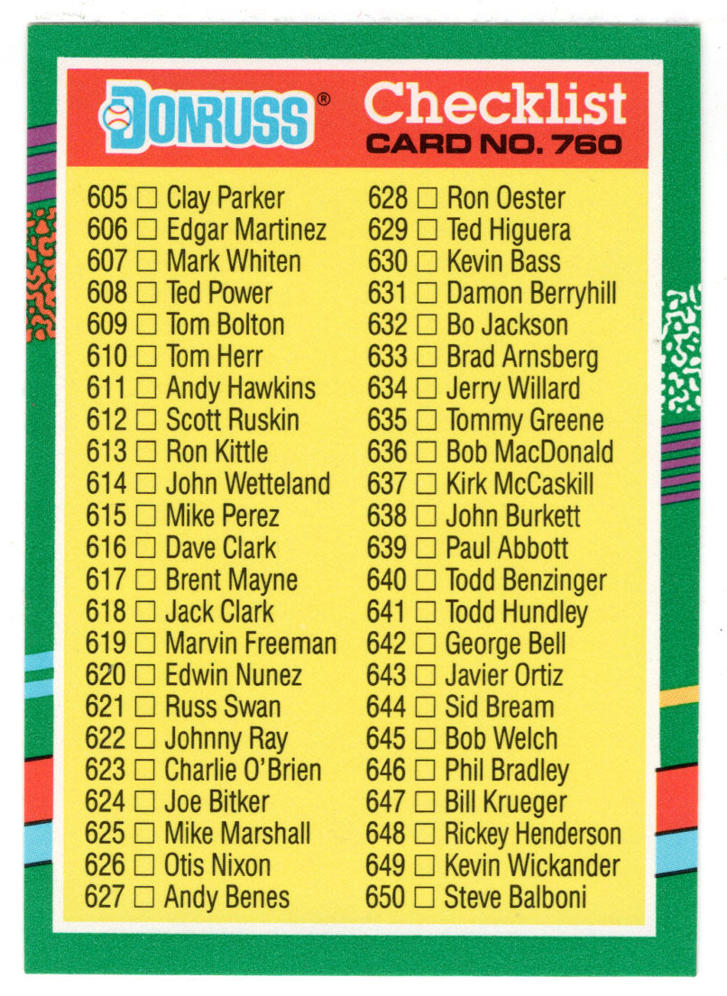 Checklist # 9 (# 605 - # 702) (MLB Baseball Card) 1991 Donruss # 760 Mint