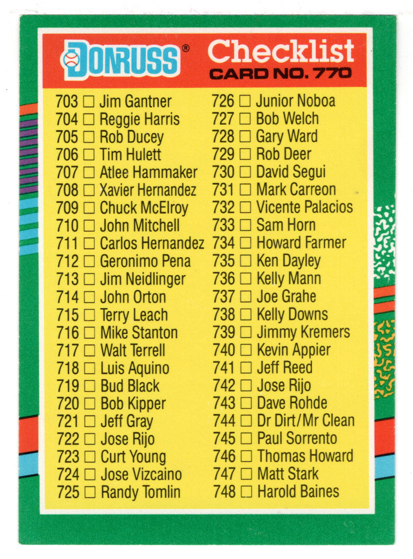 Checklist # 10 (# 703 - # 770 - # BC1 - # BC22) (MLB Baseball Card) 1991 Donruss # 770 Mint