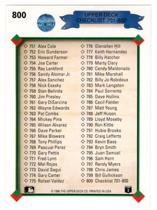 Checklist # 701 - # 800 (MLB Baseball Card) 1990 Upper Deck # 800 Mint