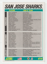 Load image into Gallery viewer, San Jose Sharks - Logo and Starting Lineup (NHL Hockey Card) 1991-92 Score American # 414 Mint
