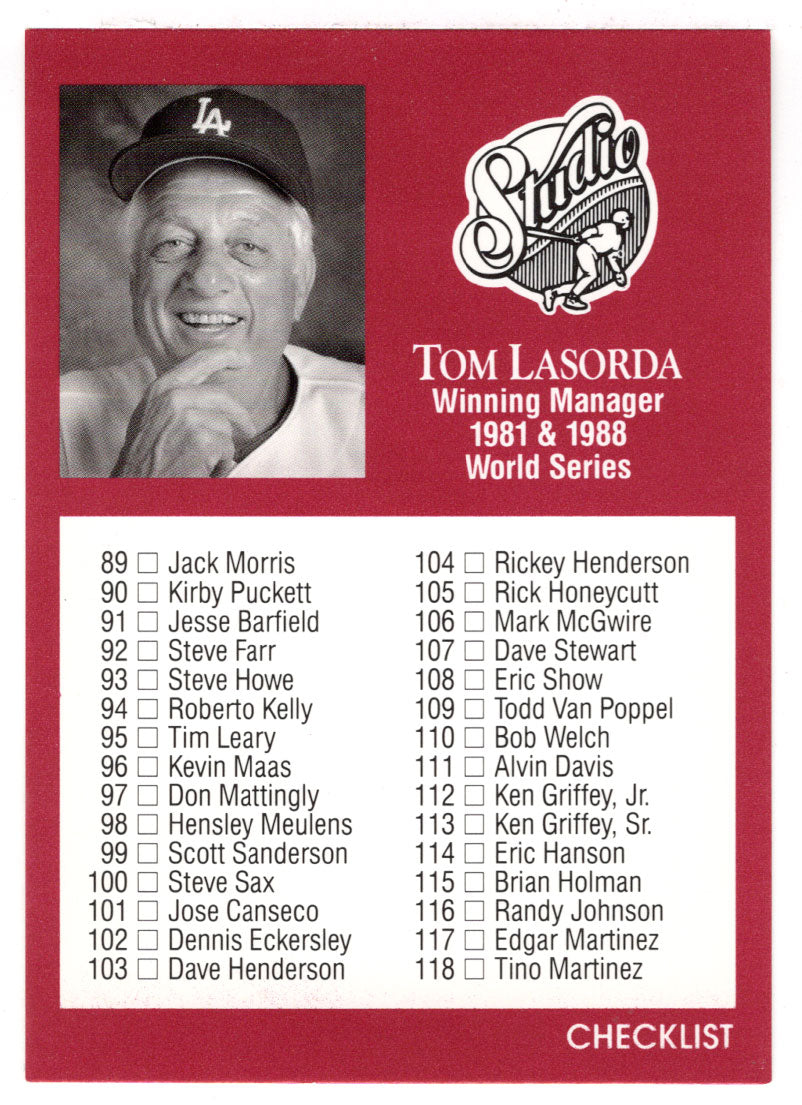 Checklist # 2 - Tom Lasorda - Los Angeles Dodgers (MLB Baseball Card) 1991 Leaf Studio # 262 Mint