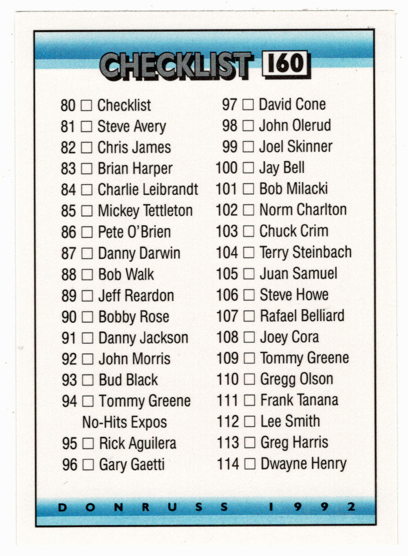 Checklist # 2 - # 80 - # 157 (MLB Baseball Card) 1992 Donruss # 160 Mint