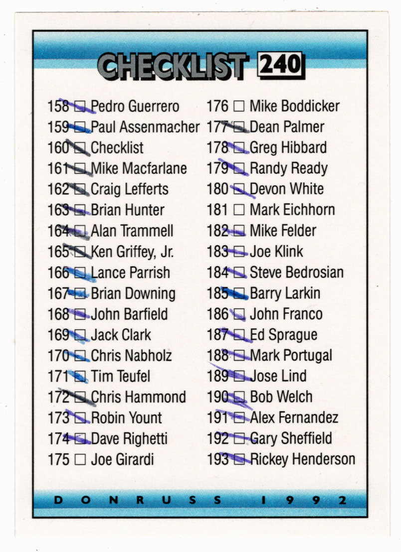 Checklist # 3 - # 158 - # 237 (MLB Baseball Card) 1992 Donruss # 240 (Filled In)