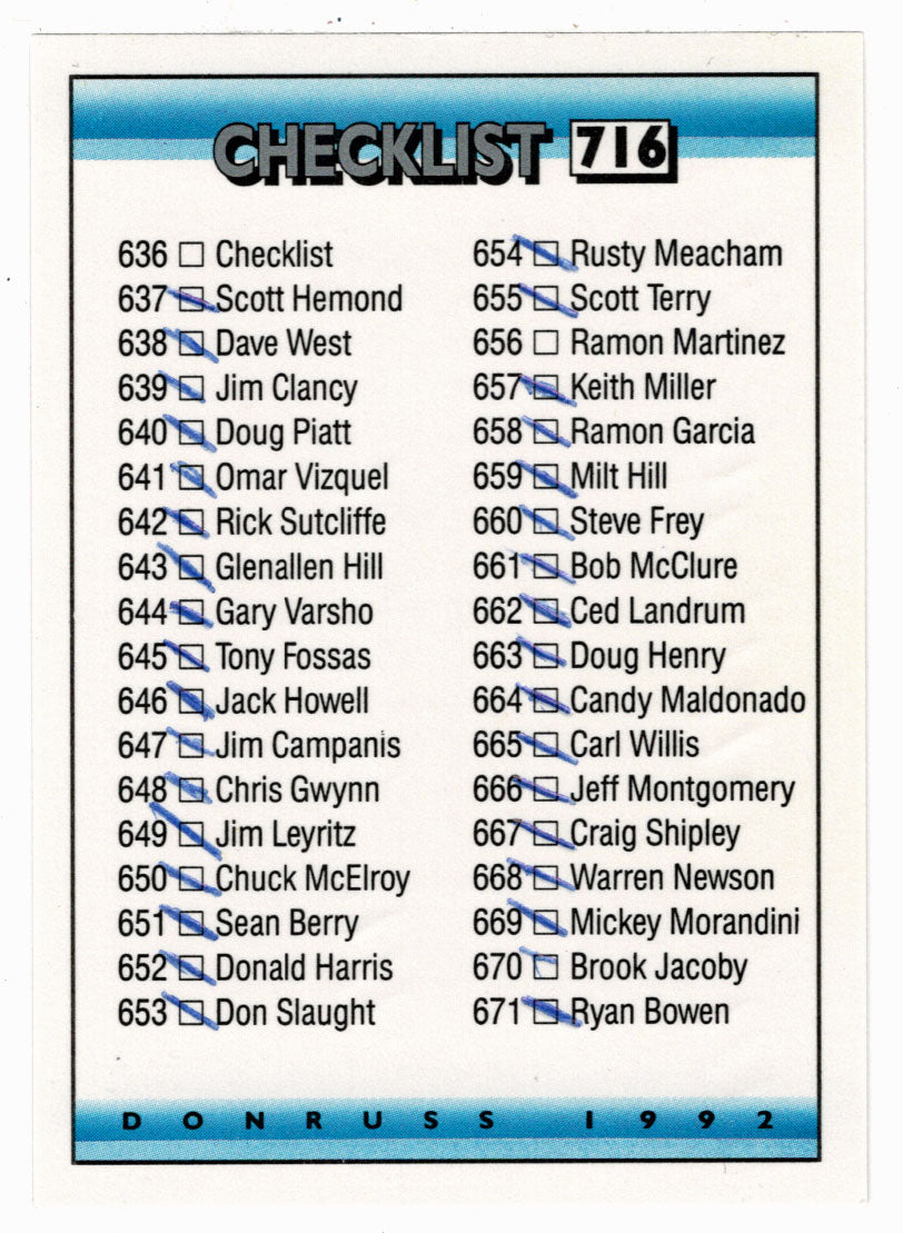 Checklist # 9 - # 636 - # 716 (MLB Baseball Card) 1992 Donruss # 716 (Filled In)