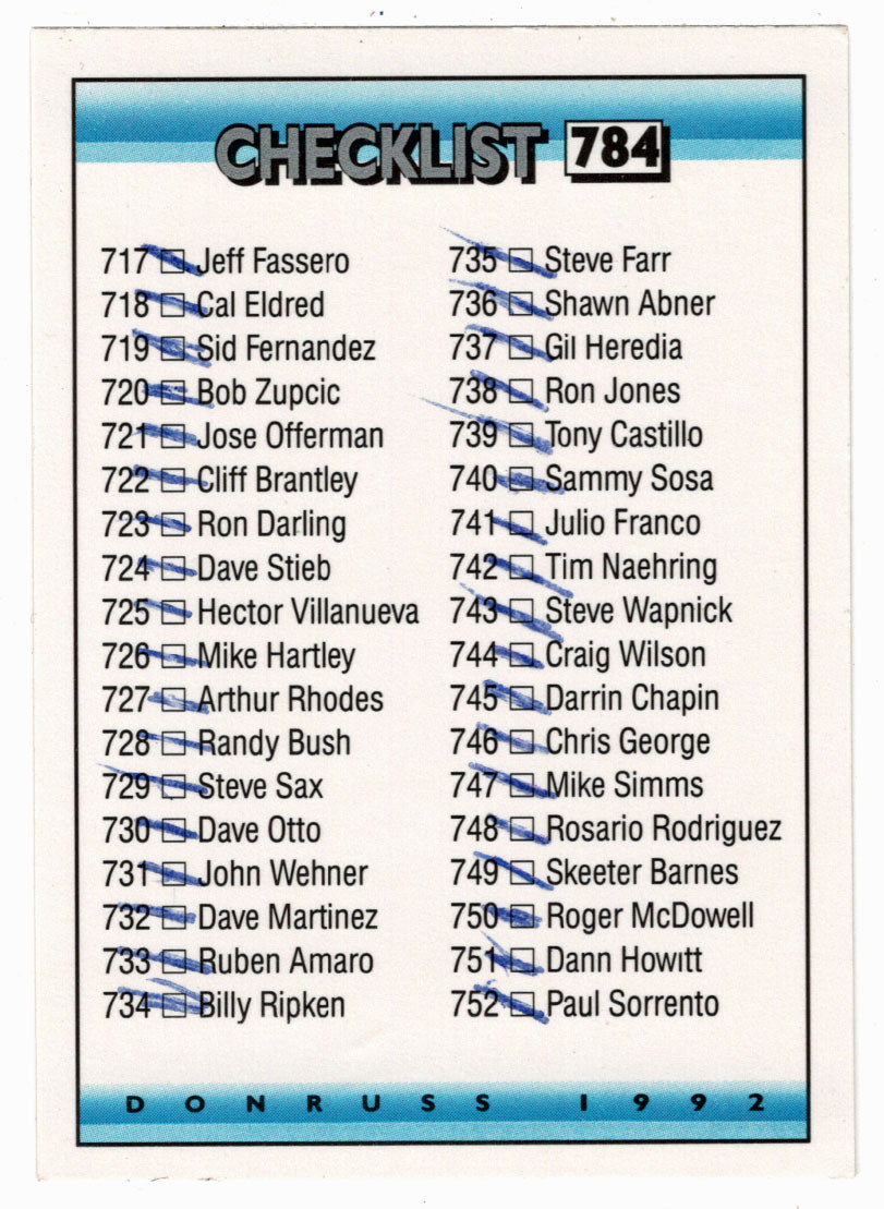 Checklist # 10 - # 717 - # 784 - # BC1 - # BC8 (MLB Baseball Card) 1992 Donruss # 784 (Filled In)