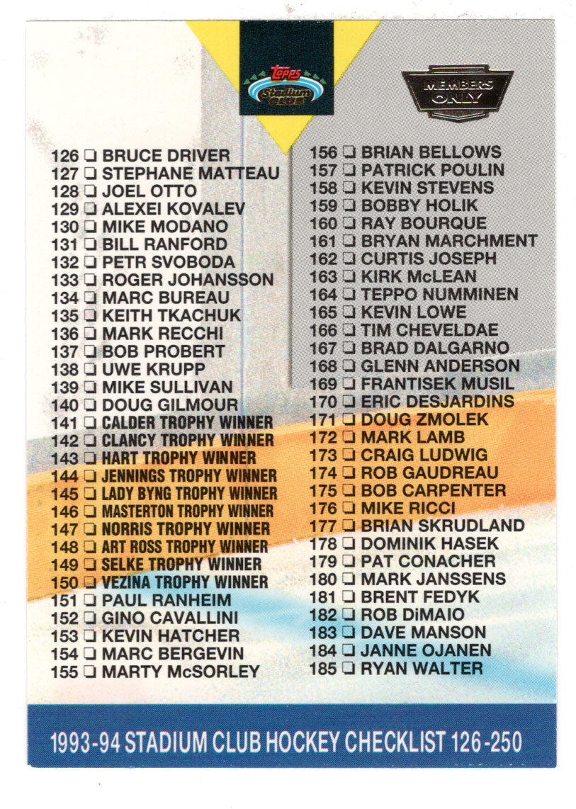 Checklist # 2 - # 126 - # 250 (NHL Hockey Card) 1993-94 Topps Stadium Club # 250 Mint