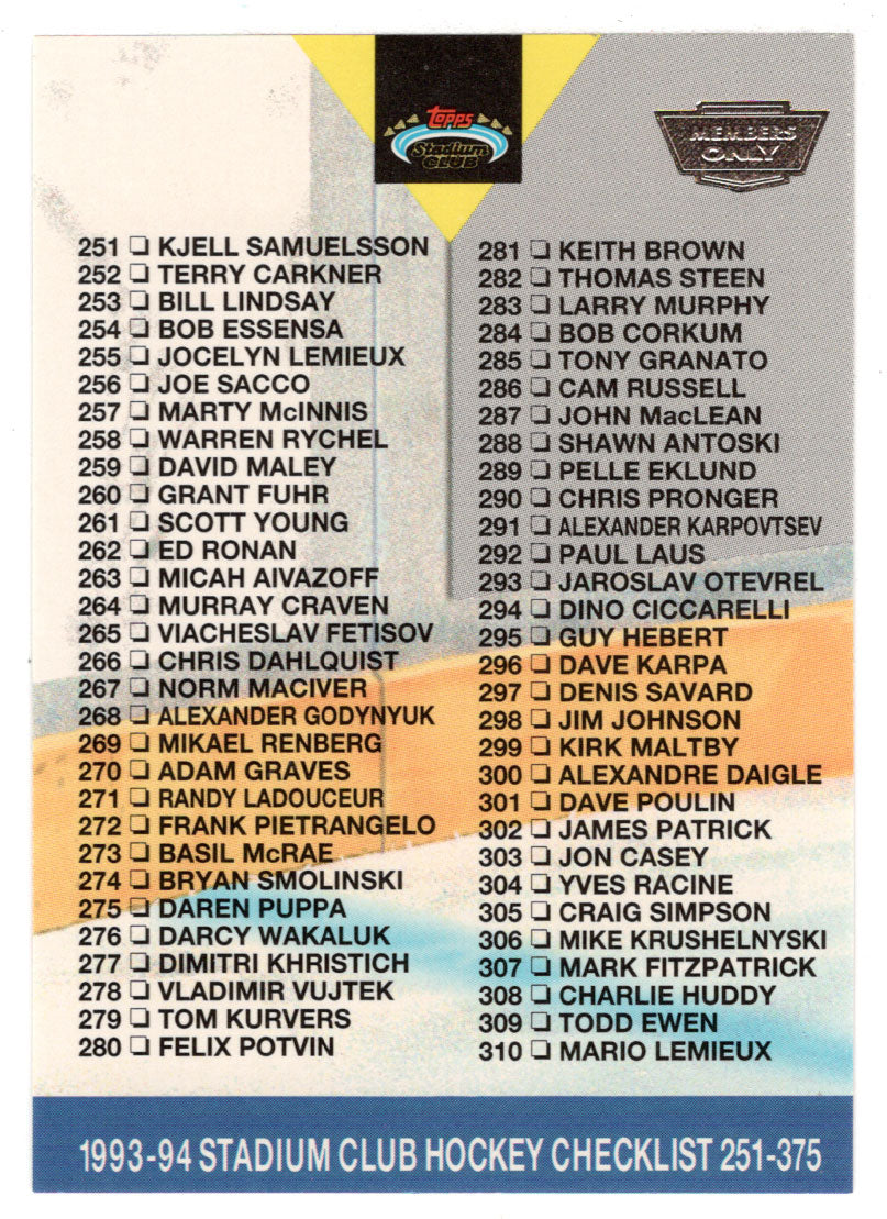 Checklist # 3 - # 251 - # 375 (NHL Hockey Card) 1993-94 Topps Stadium Club # 499 Mint
