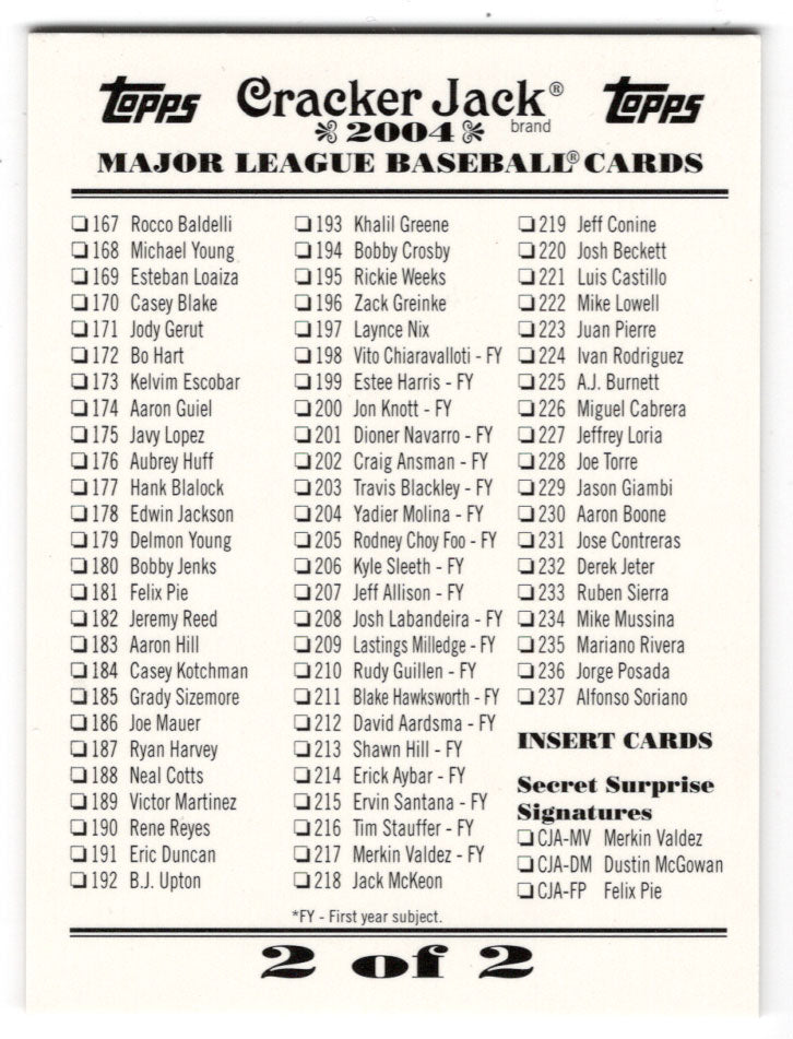 Checklist # 2 - Mini (MLB Baseball Card) 2004 Topps Cracker Jack # NNO Mint