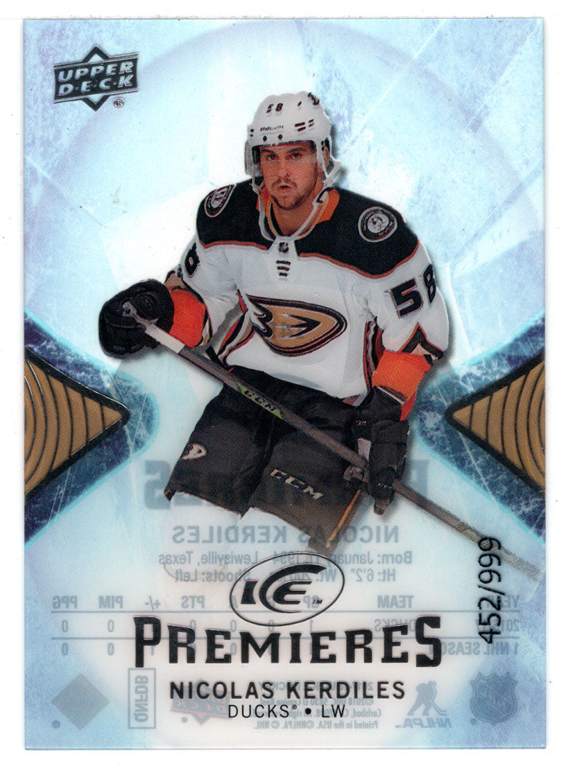 Nicolas Kerdiles 452/999 RC - Anaheim Ducks (NHL Hockey Card) 2017-18 Upper Deck Ice # 145 Mint