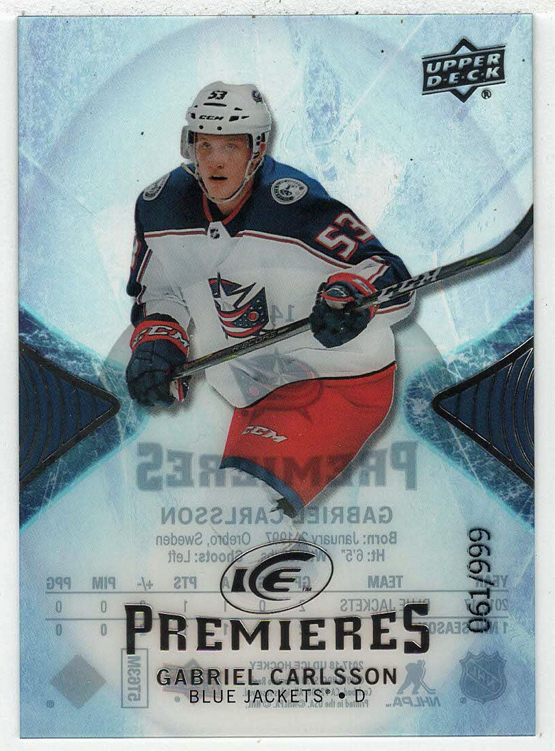 Gabriel Carlsson 61/999 RC- Columbus Blue Jackets (NHL Hockey Card) 2017-18 Upper Deck Ice # 148 Mint