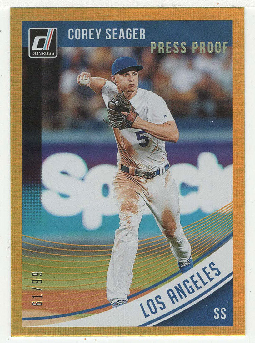 Corey Seager 61/99 - Los Angeles Dodgers - Variations Gold Press Proof (MLB Baseball Card) 2018 Donruss # 158 Mint