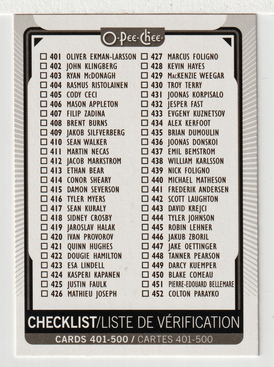 Checklist # 5 (NHL Hockey Card) 2021-22 O-Pee-Chee # 500 Mint