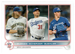 Corbin Burnes - Max Scherzer - Walker Buehler - League Leaders (MLB Baseball Card) 2022 Topps # 204 Mint