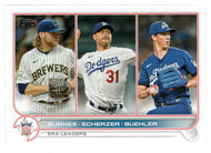 Corbin Burnes - Max Scherzer - Walker Buehler - League Leaders (MLB Baseball Card) 2022 Topps # 204 Mint