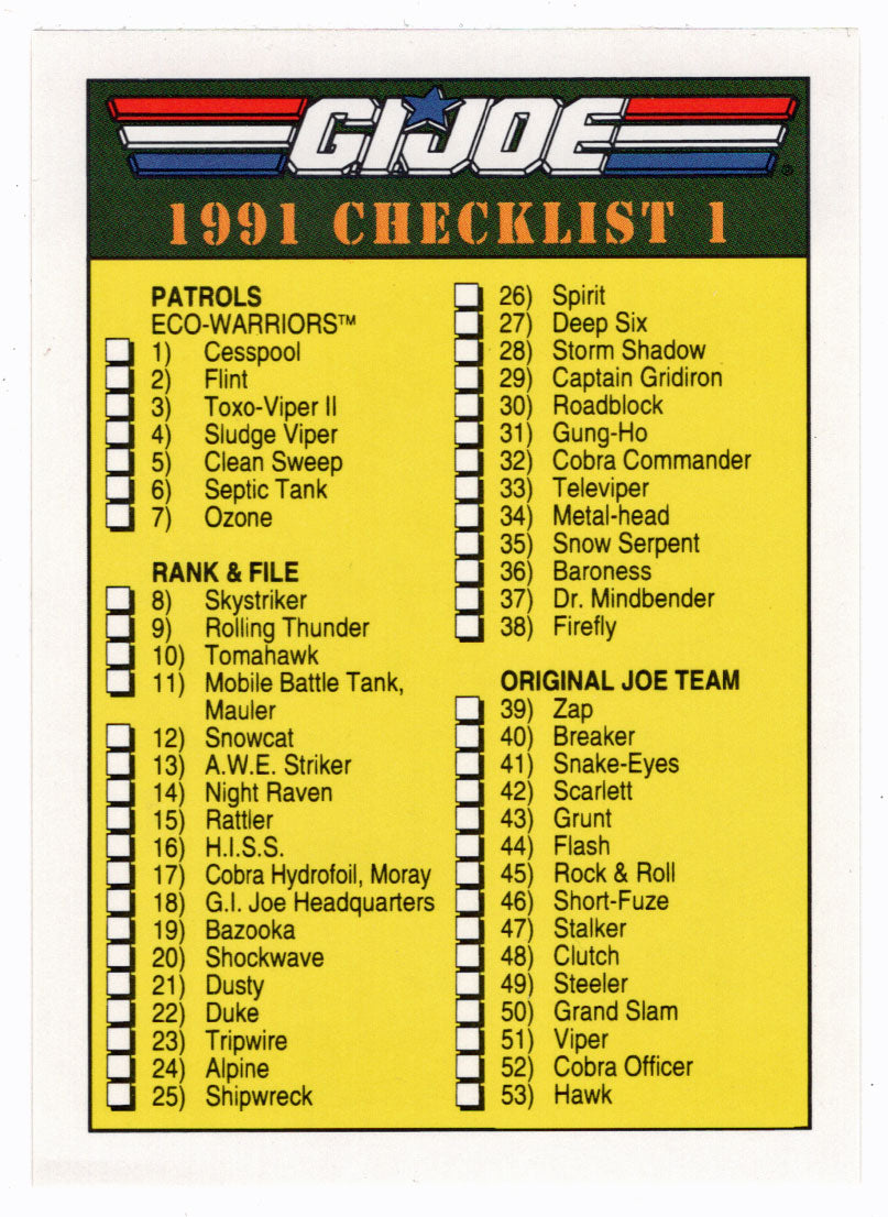 Checklist # 1 - G.I. Joe Series 1 - 1991 Impel # 199 - Mint