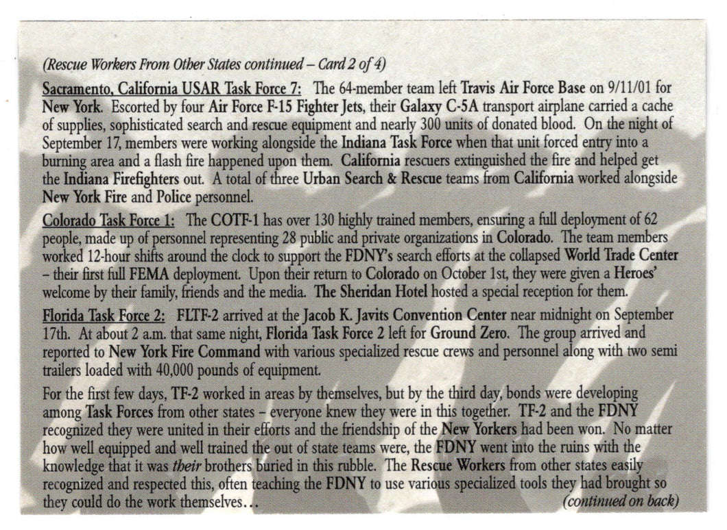 Rescue Workers From Other States - Part # 2 (Trading Card) Heroes of the World Trade Center Memorial - Tribute - 2002 Chestnut Publications # 128 - Mint