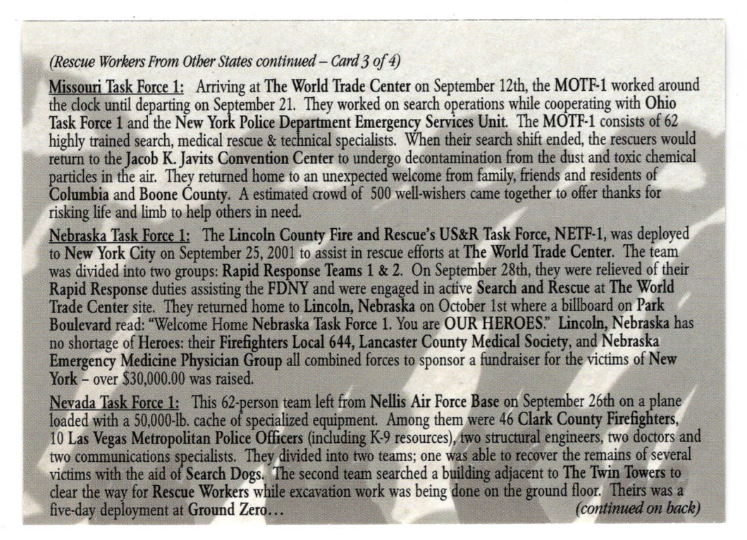 Rescue Workers From Other States - Part # 3 (Trading Card) Heroes of the World Trade Center Memorial - Tribute - 2002 Chestnut Publications # 129 - Mint