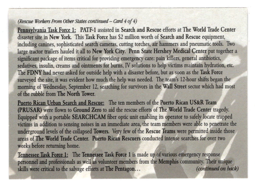 Rescue Workers From Other States - Part # 4 (Trading Card) Heroes of the World Trade Center Memorial - Tribute - 2002 Chestnut Publications # 130 - Mint