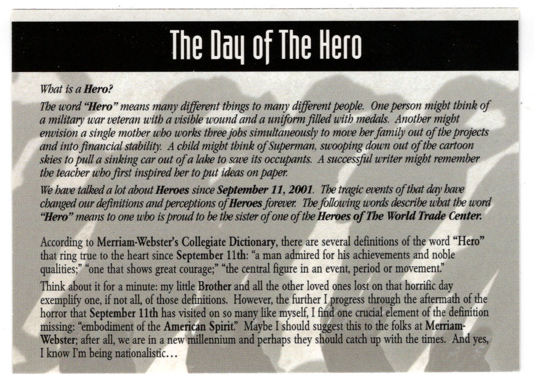 The Day of The Hero (Trading Card) Heroes of the World Trade Center Memorial - Tribute - 2002 Chestnut Publications # 131 - Mint