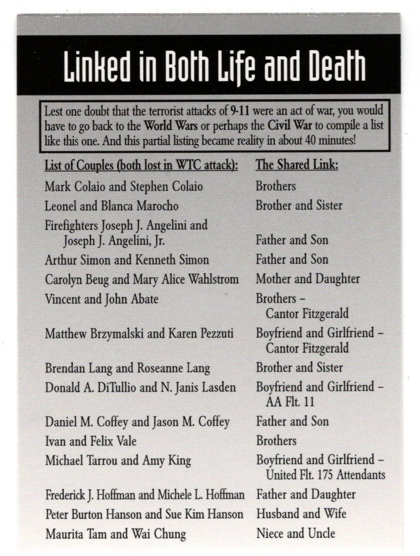 Linked in Both Life and Death (Trading Card) Heroes of the World Trade Center Memorial - Tribute - 2002 Chestnut Publications # 142 - Mint