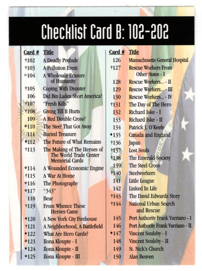 Checklist Card B: # 102 - # 201 (Trading Card) Heroes of the World Trade Center Memorial - Tribute - 2002 Chestnut Publications # 166 - Mint