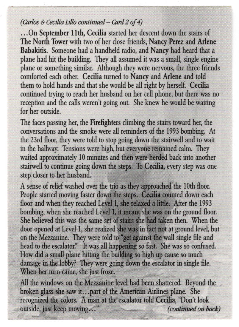 Carlos & Cecilia Lillo - Part 2 (Trading Card) Heroes of the World Trade Center Memorial - Tribute - 2002 Chestnut Publications # 184 - Mint
