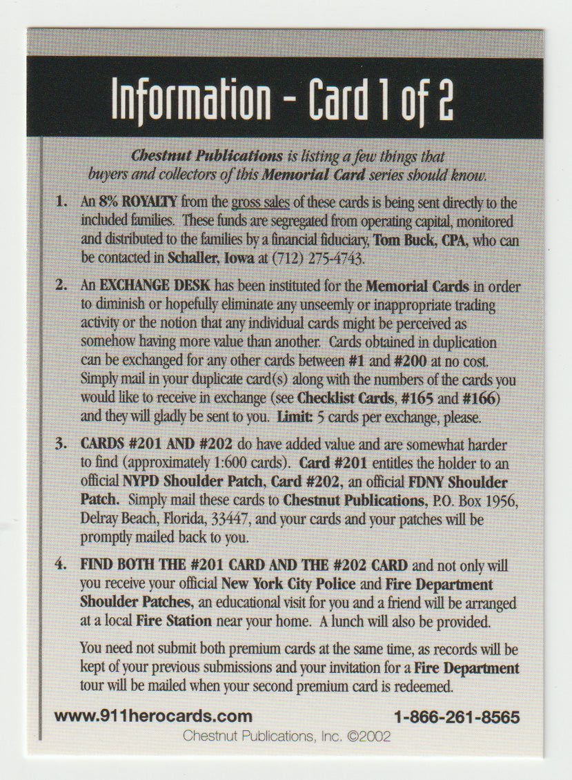 Information - Card 1 of 2 (Trading Card) Heroes of the World Trade Center Memorial - Tribute - 2002 Chestnut Publications - Mint