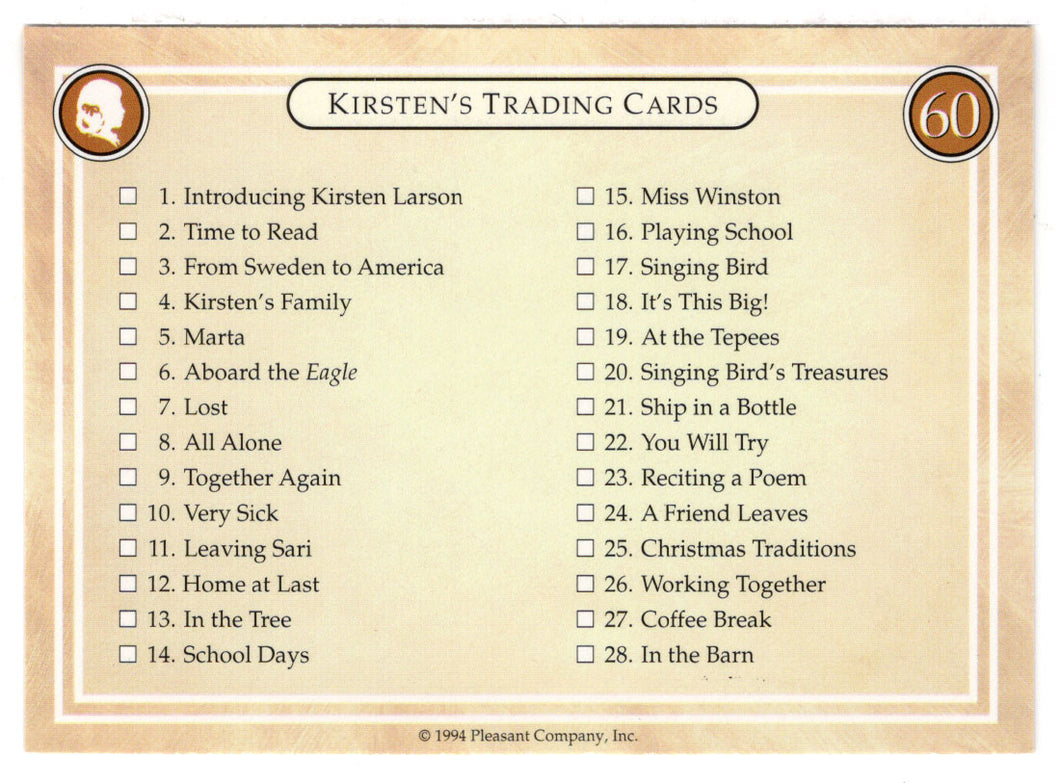 Kirsten - Series Checklist - American Girl (Trading Card) # 60 - 1994 Pleasant Company - Mint