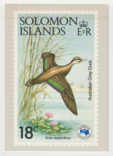 Load image into Gallery viewer, AUSIPEX 1984 Stamp Show - Australian Grey Duck, Solomon Islands Vintage Original Postcard # 5014 - New - 1984
