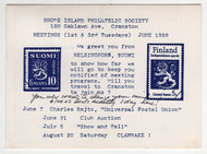 Rhode Island Philatelic Society - 1988 Stamp Auction, Finland - Vintage Original Postcard # 5487 - Post Marked June 6, 1988