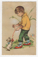 Boy with Kitten (Unknown) Vintage Original Postcard # 5852 - Post Marked 1970's