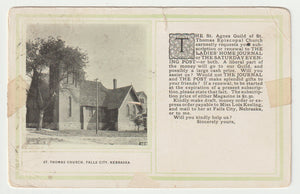 St. Thomas Church, Falls City, Nebraska, USA Original Postcard # 1637 - Post Marked December 10, 1907