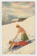 Tobogganing in Switzerland - Art - Painting - Vintage Original Postcard # 1719 - New - 1950's