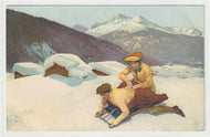 Tobogganing in Switzerland - Art - Painting - Vintage Original Postcard # 1720 - New - 1950's