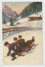 Load image into Gallery viewer, Tobogganing in Switzerland - Art - Painting - Vintage Original Postcard # 1721 - New - 1950's
