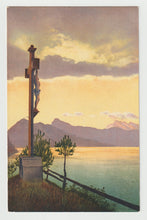 Load image into Gallery viewer, Crucifix Overlooking a Lake in Switzerland - Art - Painting - Vintage Original Postcard # 1726 - New - 1950's
