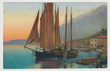 Load image into Gallery viewer, Sailboats Docked in Switzerland - Art - Painting - Vintage Original Postcard # 1730 - New - 1950's
