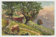 Hill-Side Scenic View in Switzerland - Art - Painting - Vintage Original Postcard # 1731 - New - 1950's